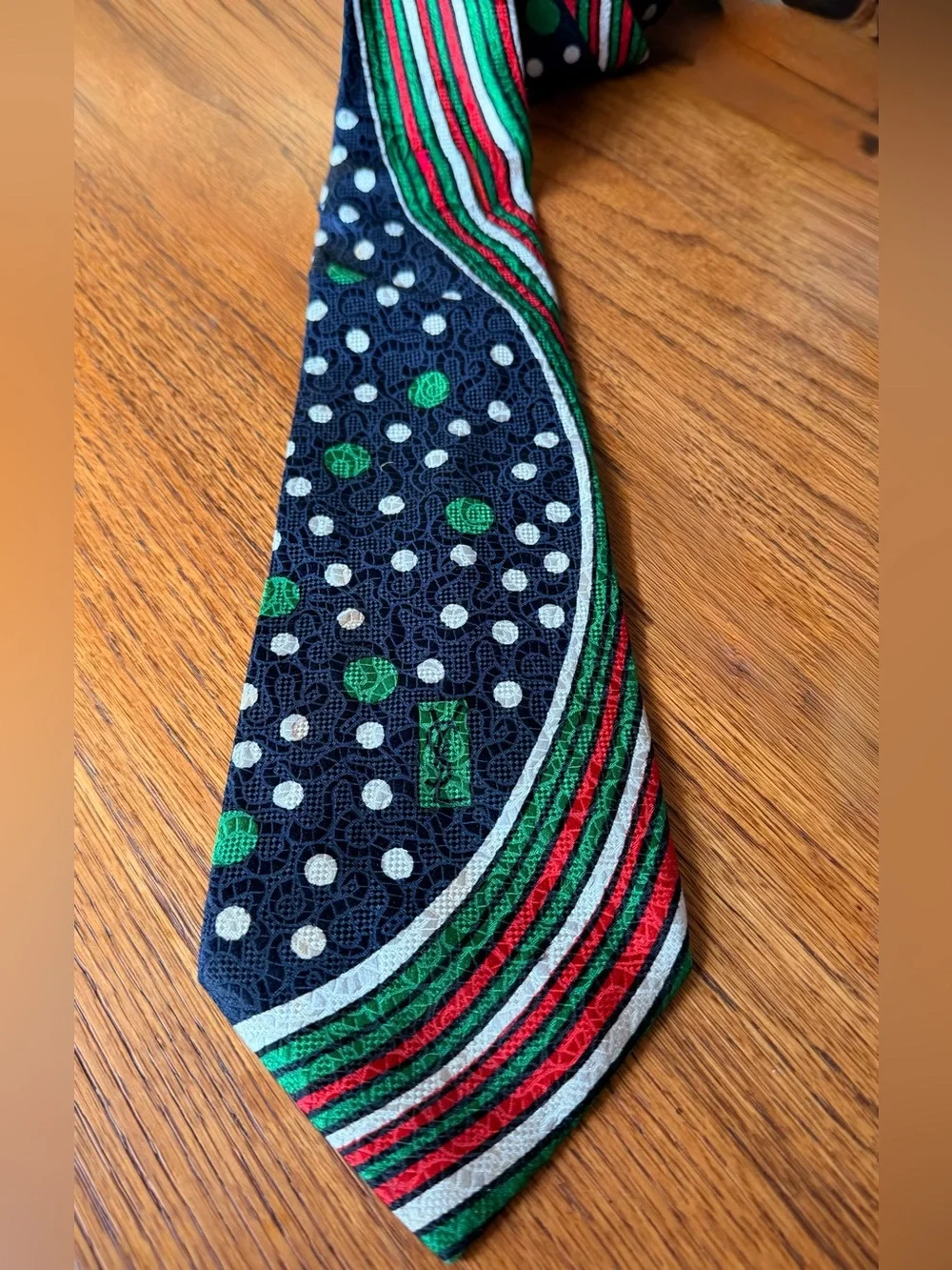 YSL Vintage Silk Polka Dot & Stripe Tie in Navy, Green, Red -